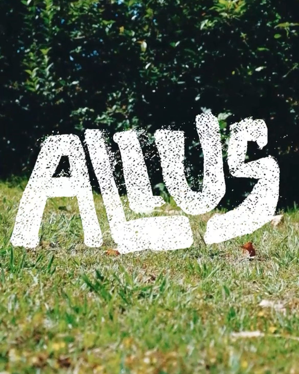 Animated white textured ALIUS logo dissolving into particles on green grass with lush trees and orange flowers in the background – bold streetwear branding visual